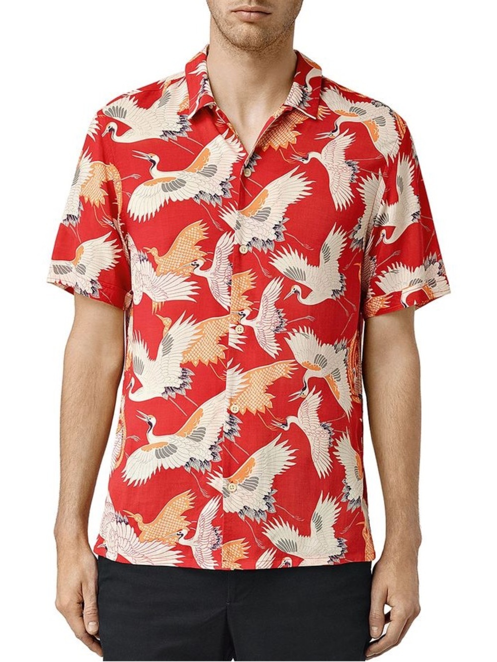AllSaints Tsuru Bird Short Sleeve Slim Fit Button-Down Shirt Large All Saints